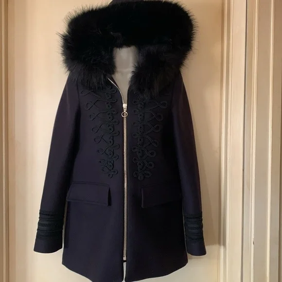 Zara black military style wool jacket with detachable faux fur hood size XS